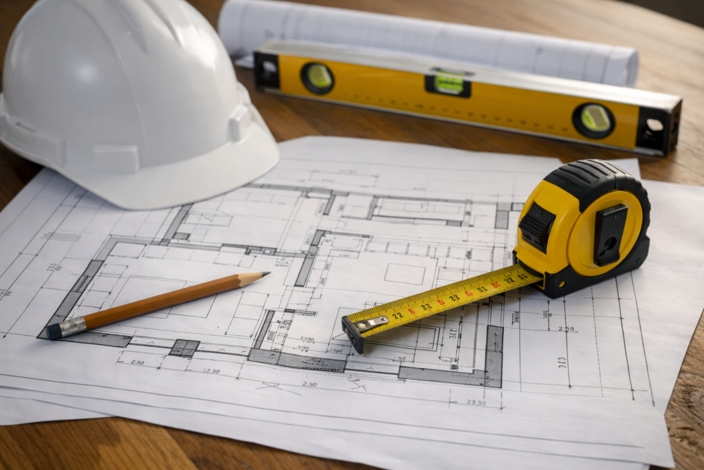 maître d'œuvre et ses outils qui lit un plan de maison